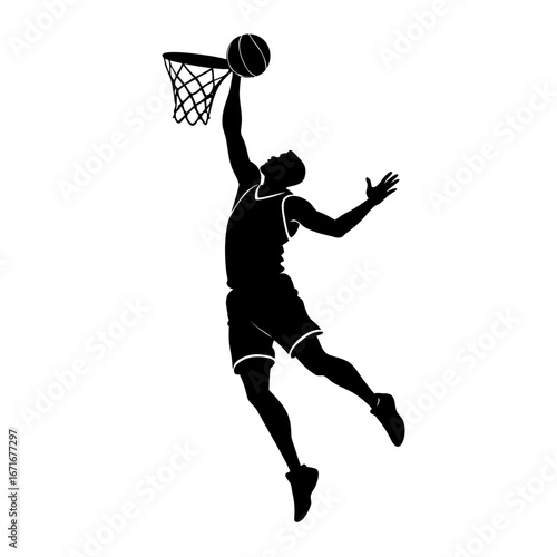 basketball player silhouette dunking vector isolated on white background, basketball dunk silhouette vector, slam dunk player icon vector, action basketball player illustration

