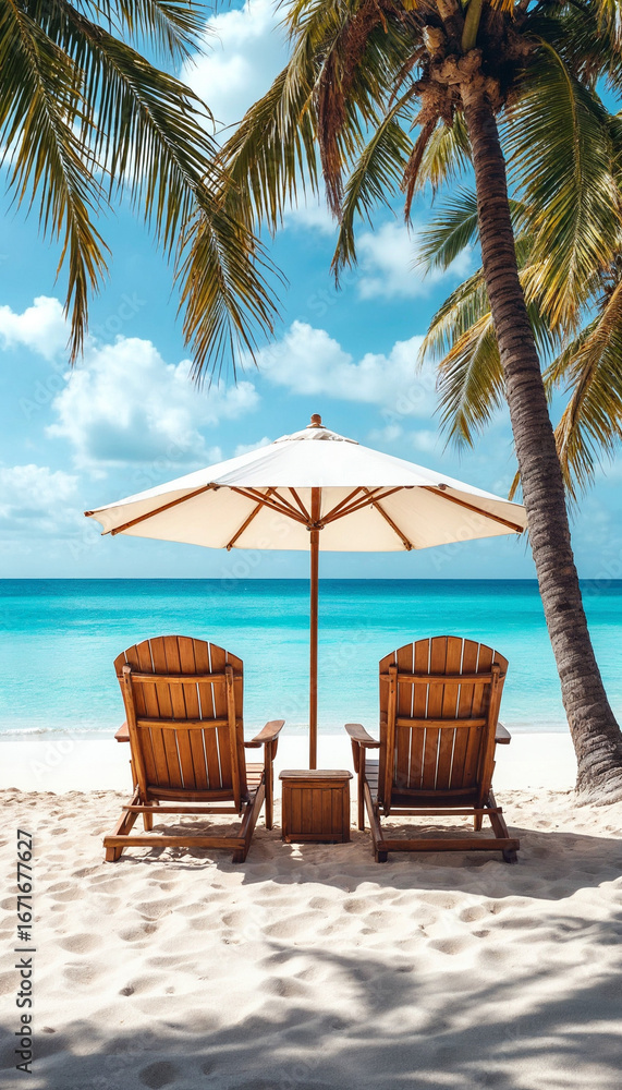 Fototapeta premium Wide shot of a beach with chairs and umbrella. 