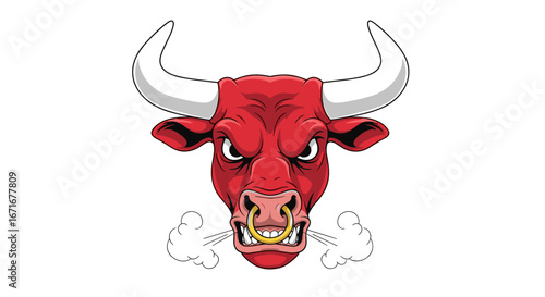 Fierce red bull head with steaming nostrils and powerful white horns exuding raw strength and aggression