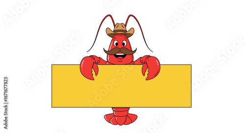 Whimsical cartoon lobster wearing cowboy hat and mustache holding empty yellow sign illustration