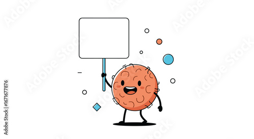 Cute orange planet character holding a blank signboard ready for your message