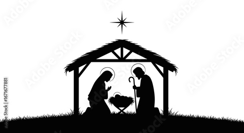 Silhouette of the nativity scene with mary joseph and baby jesus under a stable roof with a star above