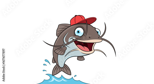 Cartoon catfish character with red baseball cap leaping joyfully out of water with wide open mouth