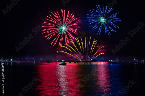 Fireworks From 1st Galaxy Fireworks Over The Water As Part Of The 2025 British Firework Championships Viewed From Queen Anne's Battery, Plymouth