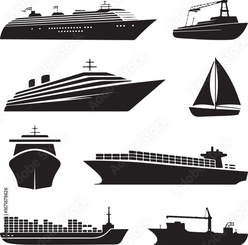 Ships, boats, cargo, logistics and shipping icons