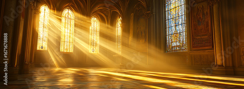 Magical Golden Glow Through Traditional Stained Glass,

Historic Church Interior with Stained Glass and Golden Light