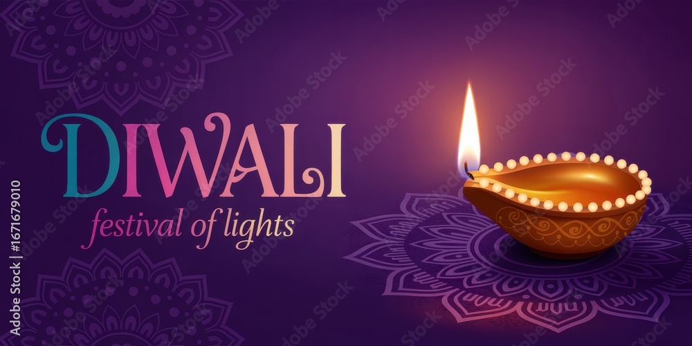 Naklejka premium Diwali festival of lights greeting card with a single illuminated diya placed on a purple background adorned with mandala patterns and decorative text