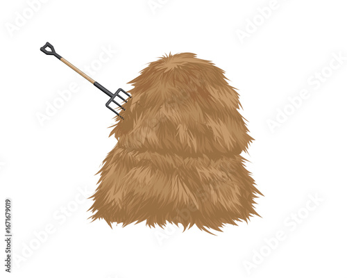 vector design of a brown haystack that looks thick and on the top left side of the haystack there is a fork with a wooden handle and four metal prongs stuck into the haystack