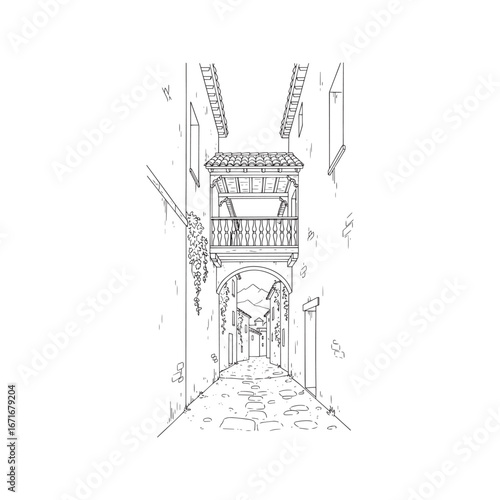 Minimalist line drawing of a narrow old town alley with a traditional balcony. Hand-drawn ink sketch of a European street scene.
