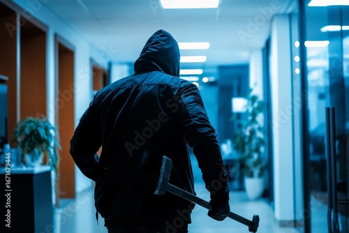 Stealthy intrusion: a lone burglar targets an office space.