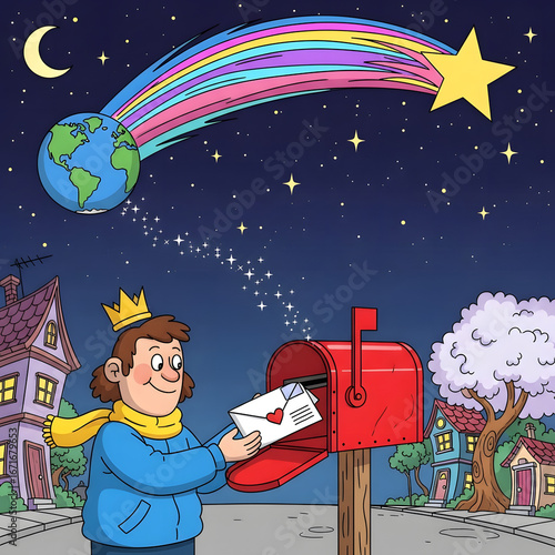 A whimsical, cartoon-style depiction of a person mailing a letter to a friend in a faraway country, with a shooting star trail showing the letter's path across the sky.