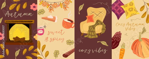 Сottagecore set autumn background with chalk texture. Cozy autumn design for thanksgiving season with armchair, pumpkin and fireplace