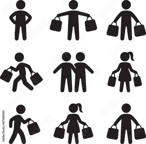 Stick figure male and female holding shopping bags vector icon pictogram. Seasonal sale, black friday happy people with purchase on white background