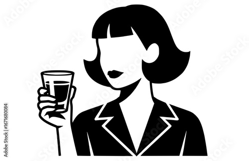 Elegant business woman with a short haircut toasting with a glass for corporate marketing and social media