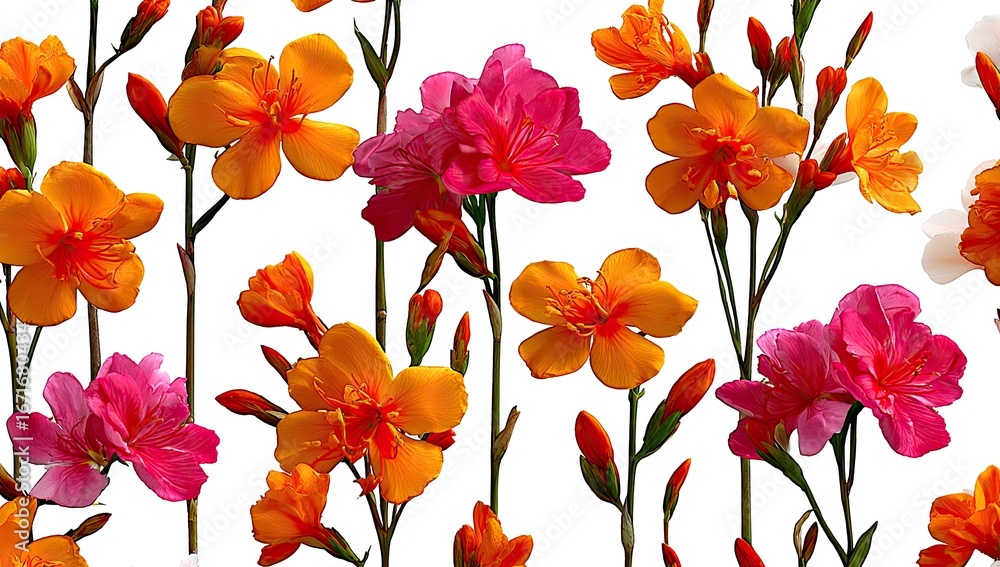 Obraz premium Vibrant floral pattern of orange and pink flowers. Stems and buds in various stages. Isolated on white