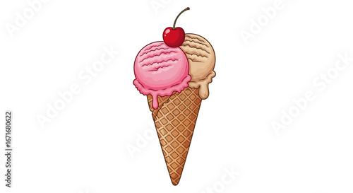 Ice cream cone with two scoops and a cherry sits on a white surface, tempting viewers with its sweet and colorful appearance, evoking a sense of summer fun.