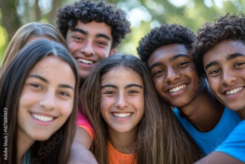 Multi-ethnic students capture a joyful moment with a selfie.