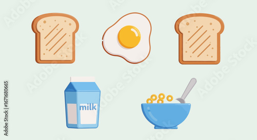 Cartoon breakfast food items displayed on a light background, including toast, egg, milk, and cereal, creating a cheerful morning scene.