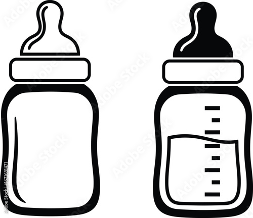 Vector illustration of baby milk bottles in outline and filled style, infant feeding container icon set for childcare, nutrition design elements