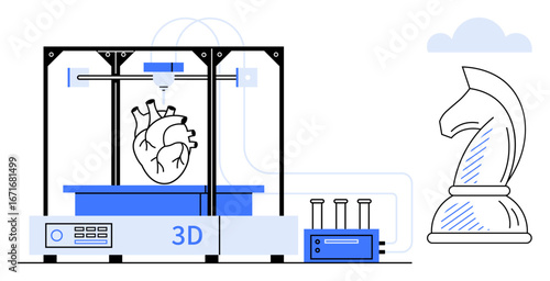 3D printer producing an anatomical heart and chess piece. Ideal for technology, innovation, education, science, creativity, manufacturing, and medical research. Clean flat simple metaphor