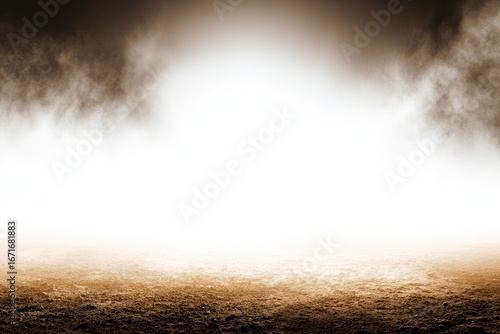 Earthy-toned scene, ground fading into a bright white expanse, wisps of smoky fog on both sides create atmospheric depth