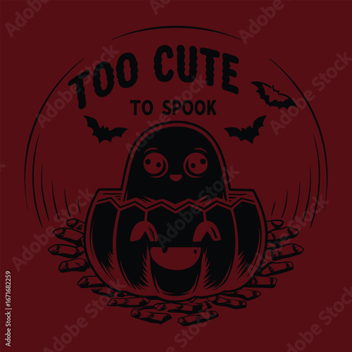 Adorable halloween black cat peeking out of a carved pumpkin with too cute to spook text and bats