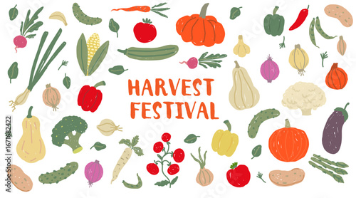 Harvest Festival Banner with vegetables. Autumn harvest and thanksgiving celebration concept.
