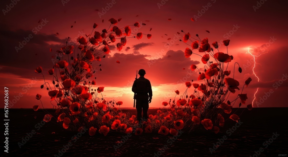 Fototapeta premium Silhouette of a soldier stands amidst blooming poppies under a stormy sky at dusk