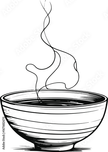 Minimal soup bowl line art vector, abstract doodle style with steam lines, simple black and white food sketch illustration 1