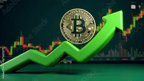 Bitcoin surges with green arrow pointing up, crypto market growth and bullish trend video