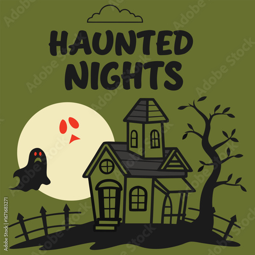 Spooky haunted house on a full moon night with a friendly ghost and bare tree