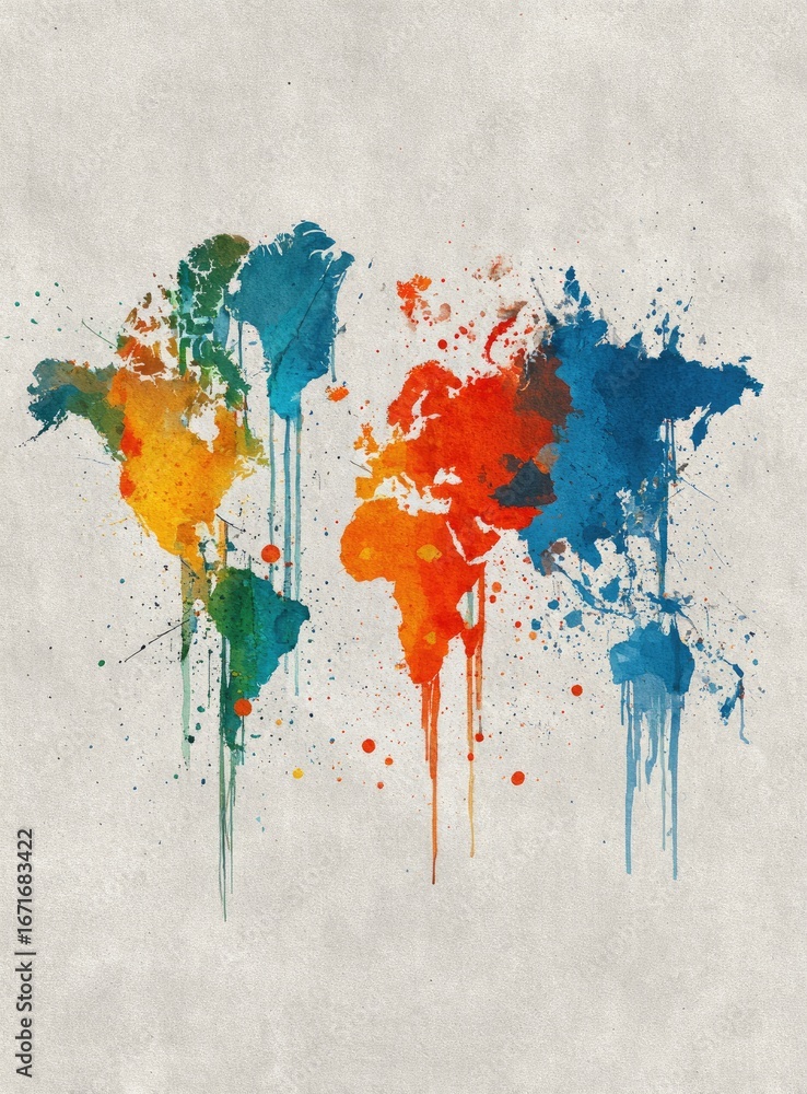 Fototapeta premium Abstract world map, painted with dripping, splatter and splashes of color on textured paper