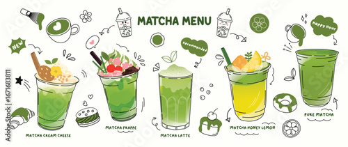 Matcha Green tea drinks set element design with cartoon doodle. Set of matcha latte, green tea iced, glass, dessert, boba tea, donut. Vector illustration for logo, promotion, marketing, menu, ads.
