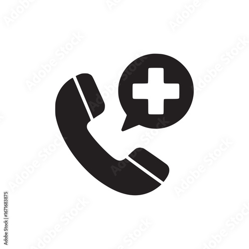 A black and white icon of a telephone with a plus sign in a speech bubble for medical assistance