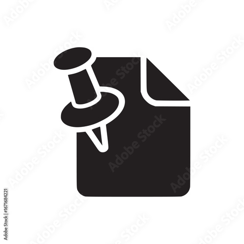 A black silhouette of a pushpin securing a square piece of paper with a curled corner design