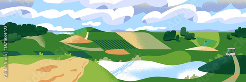 Golf course landscape. Field with green grass, lake, sand, holes and flags. Scenery of park with lawn to play sports game. Panorama with meadows, hills, sky and cart. Flat vector illustration