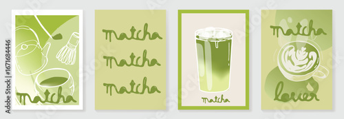 Matcha Green tea drinks background template design set. Poster of beverage, matcha latte art, green tea iced, tea ceremony. Vector illustration for logo, promotion, marketing, menu, ads.