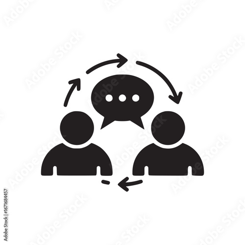 Illustration of two figures exchanging ideas with arrows and a speech bubble above them all