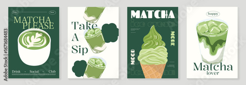 Matcha Green tea drinks background template design set. Poster of beverage, matcha latte art, green tea iced, ice cream. Vector illustration for logo, promotion, marketing, menu, ads.