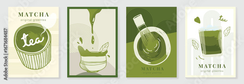 Matcha Green tea drinks background template design set. Poster of beverage, matcha latte art, green tea iced, tea ceremony. Vector illustration for logo, promotion, marketing, menu, ads.