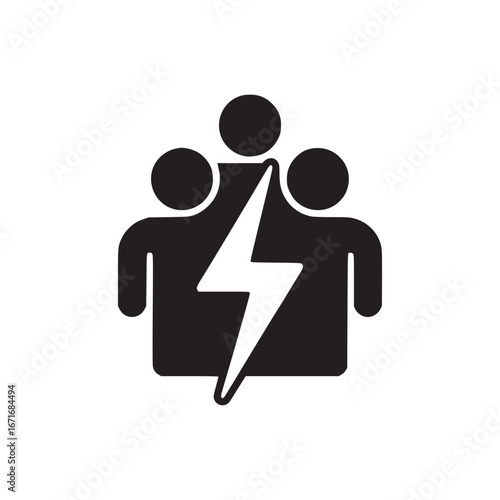 A black and white icon of three figures with a lightning bolt in the center on a white background