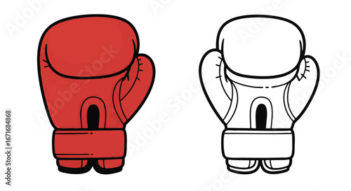 Vector illustration of a red boxing glove alongside a black and white outline version, isolated for sports competition and combat design