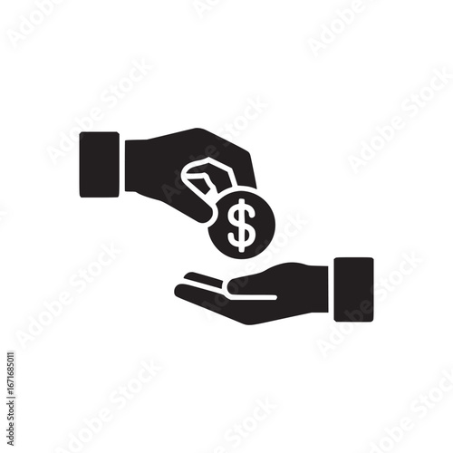 Black and white graphic of a hand giving a dollar coin to another hand in a minimalist style design
