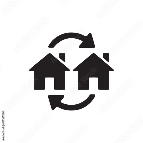 A graphic icon of two houses with arrows moving in a circular motion on a white background design
