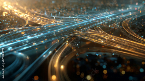 Wallpaper Mural Futuristic highway interchange glowing with blue and orange lights in a sprawling cityscape at night. Dynamic traffic flow with vibrant motion blur and abstract urban detail. ai generative Torontodigital.ca