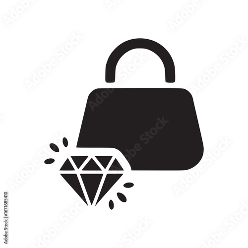 A black silhouette of a handbag with a handle and a diamond with sparkles on a white background