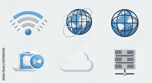 Collection of technology symbols representing internet connectivity and data storage on a light gray surface, conveying a modern and connected theme.