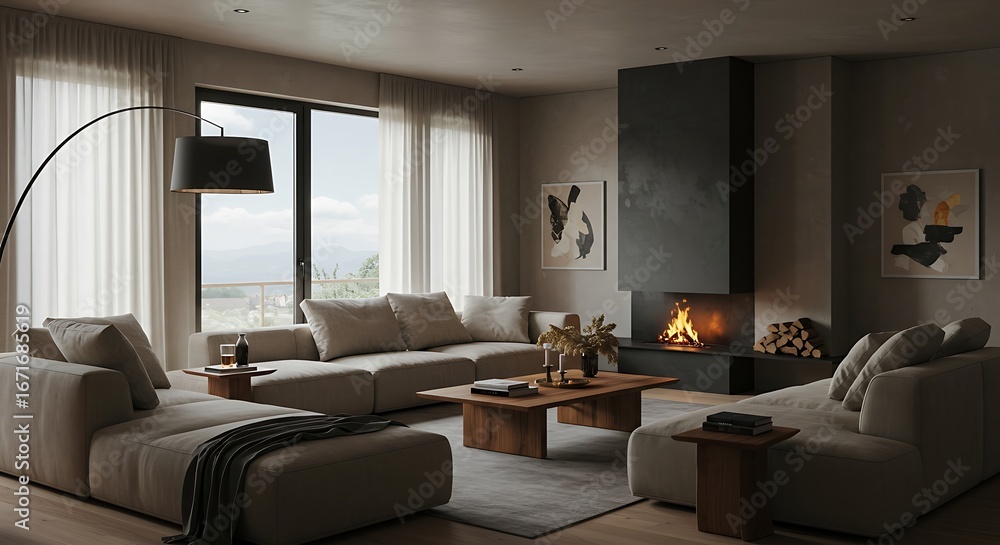 Fototapeta premium Modern living room features a large sectional sofa and fireplace in a minimalist home interior, creating a cozy and inviting atmosphere.