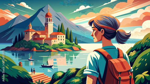  close up portrait   Young woman with backpack enjoying the view of the beautiful islet with church in the bay of Kotor