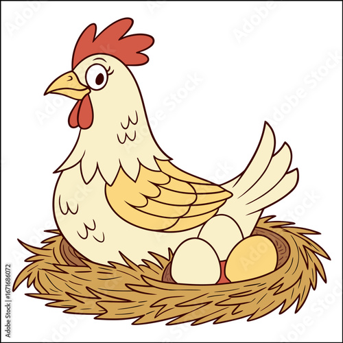 Cute cartoon hen sitting on a nest with three eggs